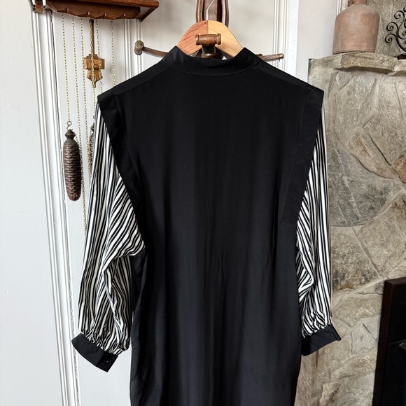 Vintage Silk Striped Balloon Sleeve Black Midi Dress - Picture 8 of 10